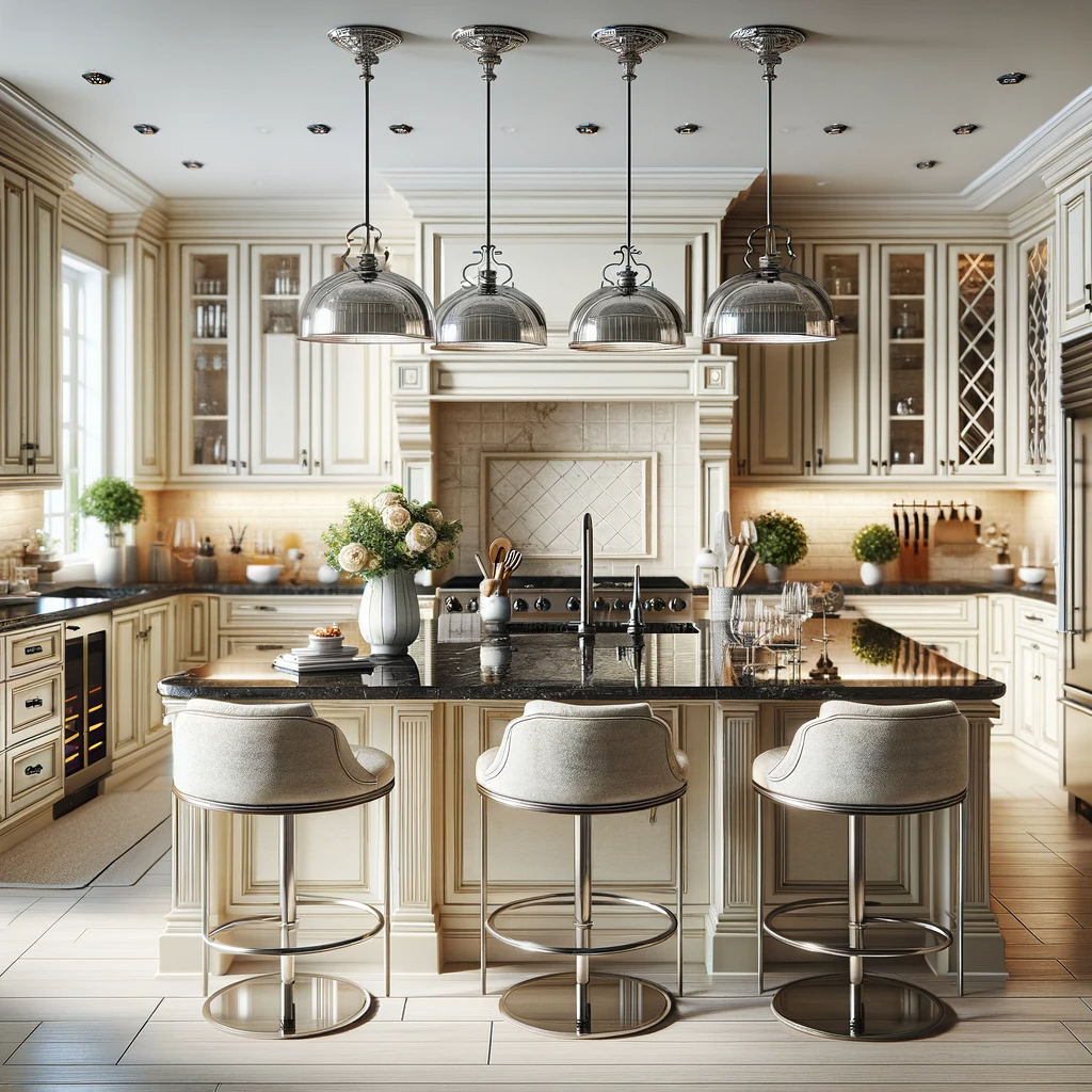An inviting kitchen space designed with classic ivory cabinets that boast a subtle sheen, complementing the polished black granite countertops. The square image reveals a tasteful arrangement of furniture, including an ivory kitchen island with the same black granite top, surrounded by cushioned stools with chrome legs for a touch of modernity. The kitchen's layout is open and airy, with additional features like a built-in wine rack, a professional-grade stainless steel range, and a French door refrigerator. Overhead, chic pendant lights with a brushed nickel finish hang above the island, providing task lighting and adding to the kitchen’s elegant ambiance.