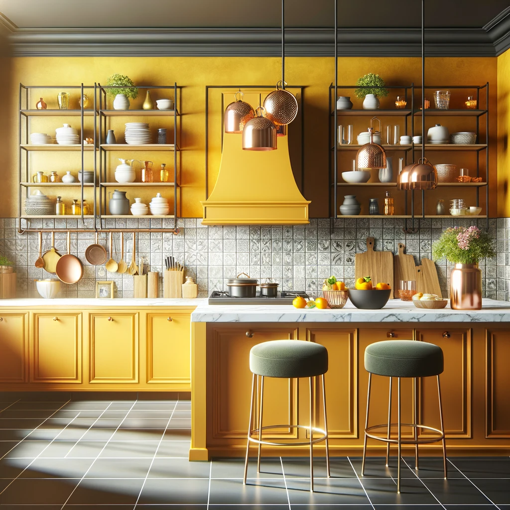 Illustration of a vibrant mustard-colored kitchen interior with charcoal grey tiled flooring and elegant white marble countertops. The space features open shelves filled with colorful dishes, copper cookware hanging above the island, and ambient lighting to enhance the cozy atmosphere.