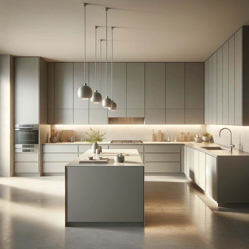 A minimalist kitchen design that embodies understated elegance. The cabinetry is a smooth, matte grey, featuring simple, handleless doors that epitomize the minimalist aesthetic. The walls are a gentle cream, providing a soft backdrop that enhances the tranquil vibe of the space. The countertops are a pure white composite, reflecting the clean lines and uncluttered surfaces characteristic of minimal design. High-quality stainless steel appliances are built into the cabinetry, maintaining the sleek look. The flooring is a polished concrete in a light grey shade, complementing the cabinetry and walls. Above the kitchen island, a series of minimalist pendant lights with a brushed metal finish provides functional lighting without detracting from the kitchen's serene and clutter-free atmosphere.