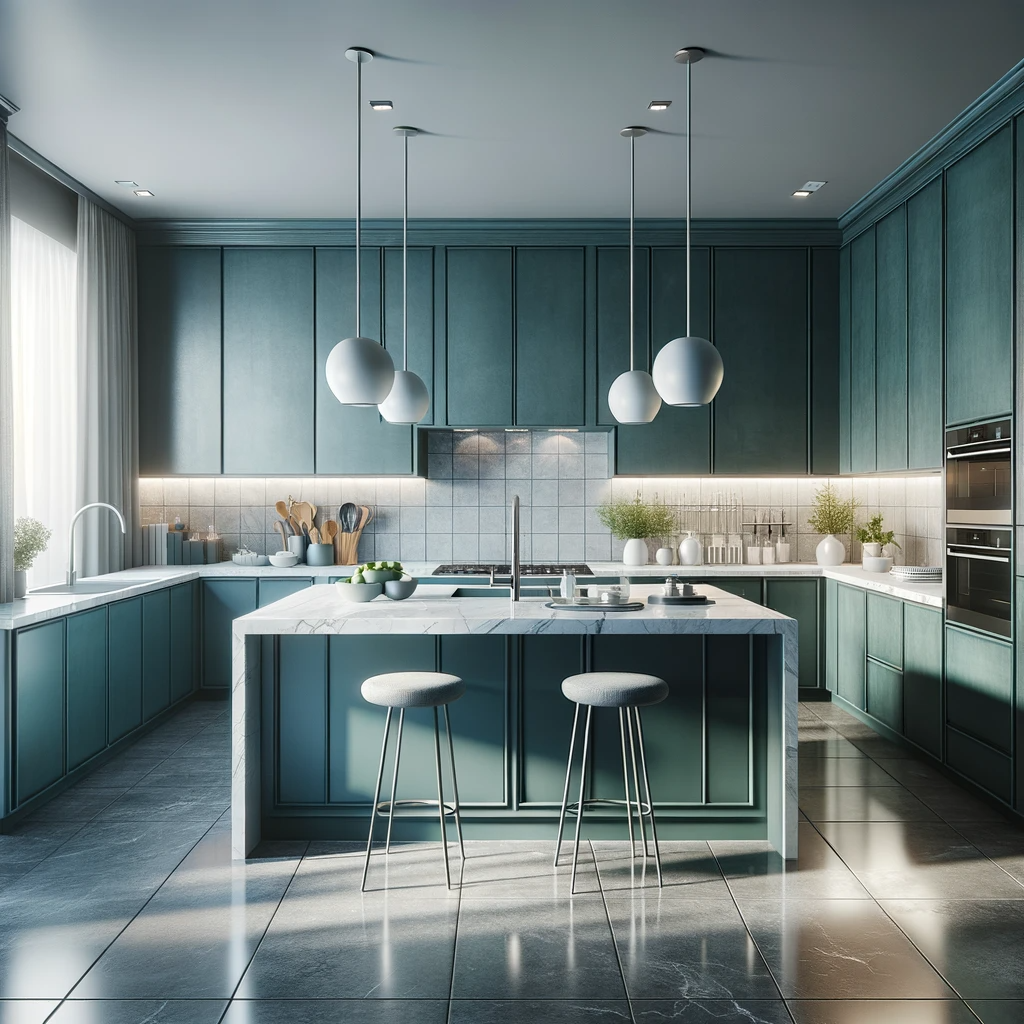 Photo of a modern kitchen featuring teal cabinets with sleek handles. The kitchen has a tiled gray floor that reflects the ambient light, creating a subtle shine. The countertops are made of white marble, and there are stainless steel appliances integrated into the cabinetry. A central kitchen island with a white marble top stands in the foreground, with high stools placed around it. Above the island hangs a trio of pendant lights with a minimalist design, adding a touch of elegance to the setting. The kitchen is well-lit, with natural light streaming in from a large window, which is dressed with sheer white curtains. The overall feel of the kitchen is contemporary and stylish, with clean lines and a harmonious color palette.