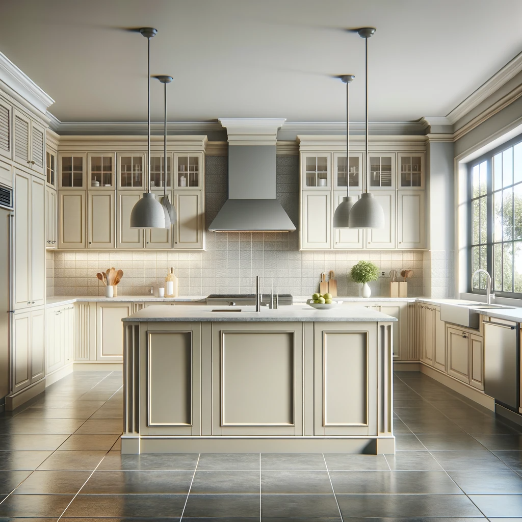Photo of a modern kitchen with a full frontal perspective, featuring buttercream colored cabinetry and a central island. The floors are a sleek grey, complementing the grey tile backsplash. Stainless steel appliances and pendant lights add a contemporary touch, with natural light streaming in from a large window
