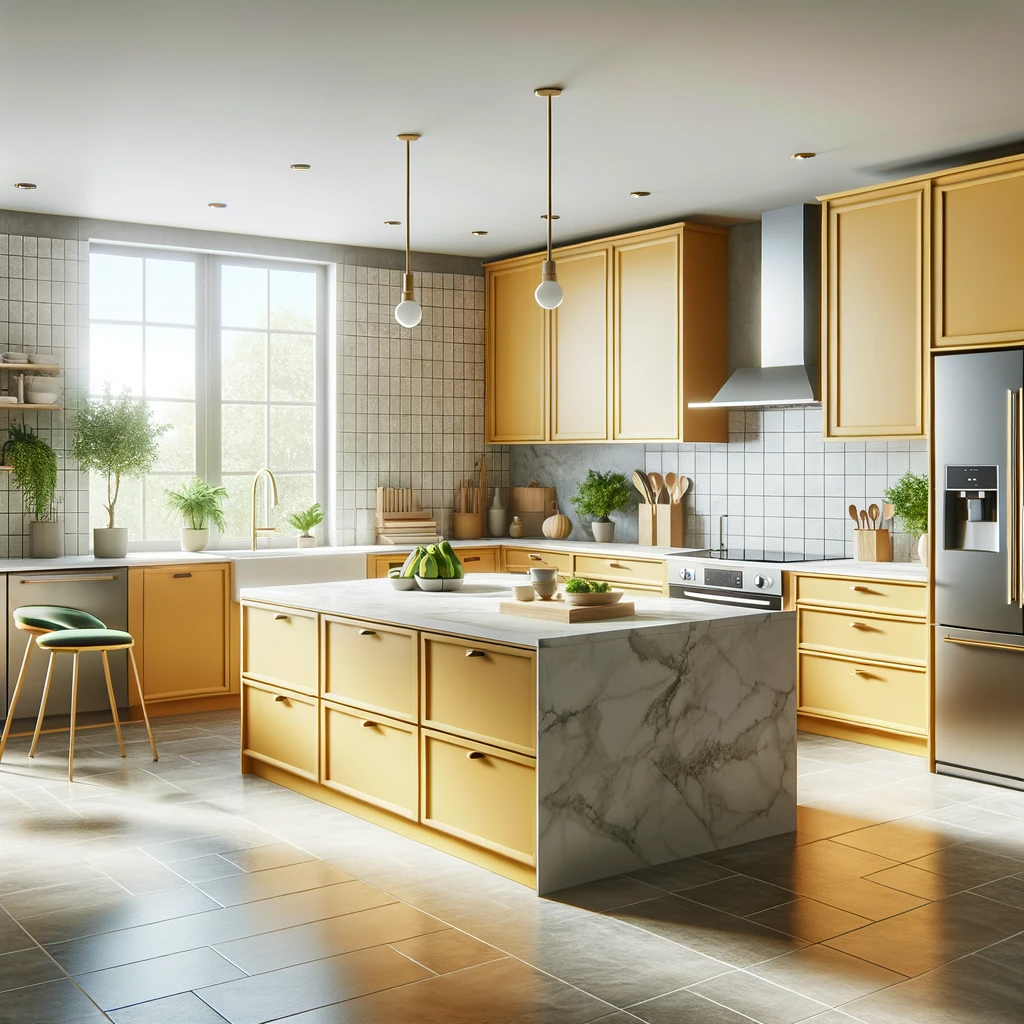 Photo of a modern kitchen with mustard yellow cabinets and drawers, stainless steel appliances, a central island with a white marble countertop, and light grey tiled flooring. Bright natural light streams in from large windows, and there are green potted plants on the counters and island, adding a touch of nature.