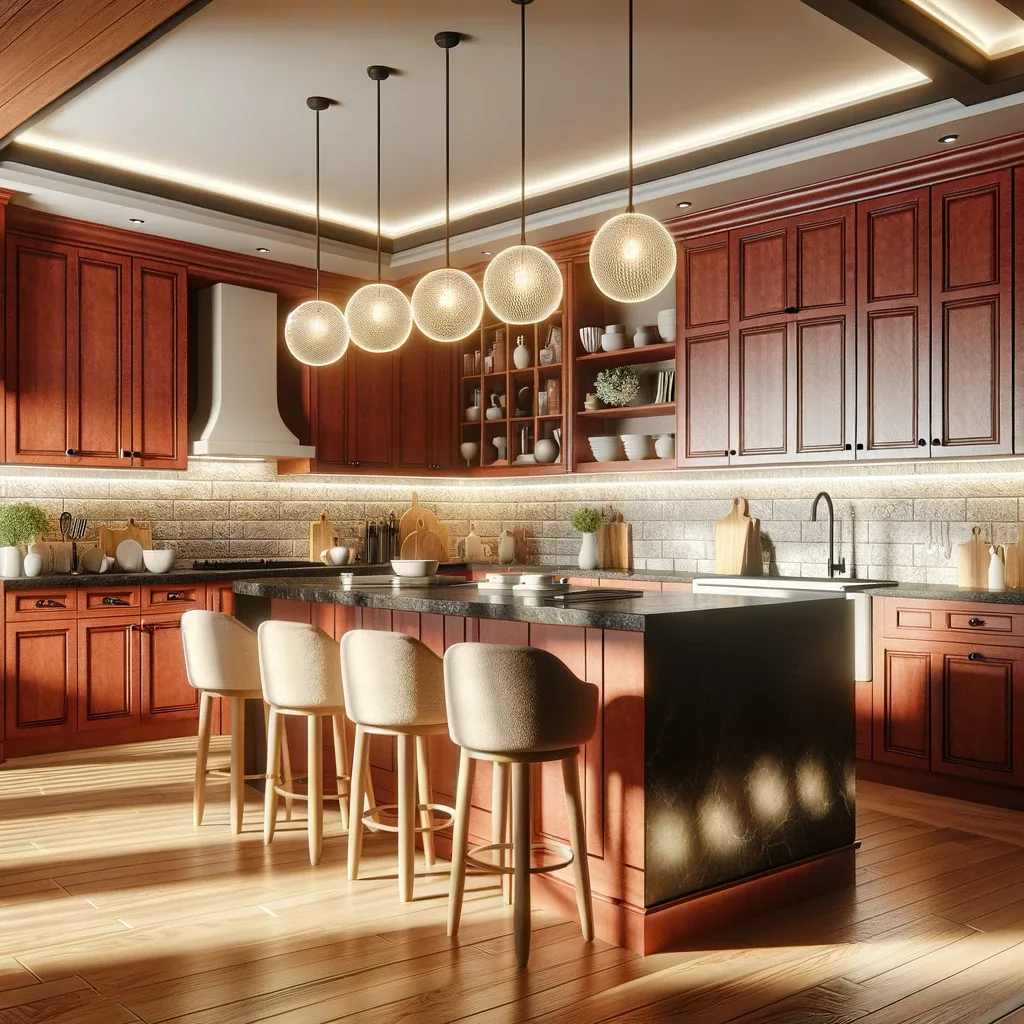 This kitchen design achieves a delicate balance between warmth and brightness, featuring red cherry wood cabinets and black granite countertops, accented with strategic lighting. The inclusion of an island with light-colored accents, such as cream bar stools and light beige pendant lighting above, introduces a soft contrast to the dark countertops. These light accents not only brighten the space but also create a layered look that adds depth and interest to the kitchen's overall aesthetic.