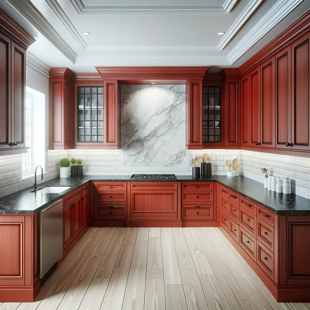 This kitchen design is elevated with a brighter aesthetic, featuring red cherry wood cabinets and black granite countertops paired with an even lighter granite backsplash. The backsplash has a crisp, white base with subtle light gray veining, contributing to a more luminous and spacious feel. The floors are updated to a pale, natural-toned hardwood, reflecting more light and seamlessly blending with the lighter backsplash to create an inviting and cohesive kitchen environment.