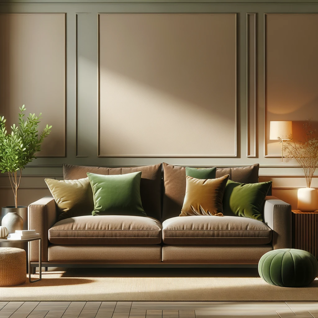 A living room featuring a brown couch and olive green pillows. The couch is stylish and comfortable, placed centrally in the room. Olive green pillows are neatly arranged on the couch, adding a vibrant contrast to the brown upholstery. The living room has a warm and welcoming ambiance, with soft lighting and cozy decor elements. Walls are decorated in a neutral tone, and the flooring is a complementary shade that enhances the room's aesthetic. This scene depicts a harmonious blend of colors and textures, creating an inviting and homely space.