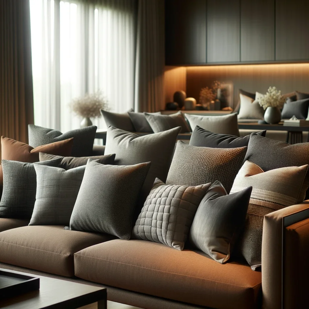 A living room featuring a brown couch with grey pillows in different shades and textures. The couch is comfortably designed, serving as the focal point of the room. The grey pillows, varying in shades from light to dark grey, are arranged on the couch, each with a unique texture, adding depth and interest to the space. The living room is tastefully decorated with a contemporary style, featuring a neutral color palette that complements the brown and grey theme. Ambient lighting highlights the textures of the pillows, creating a cozy and stylish atmosphere.
