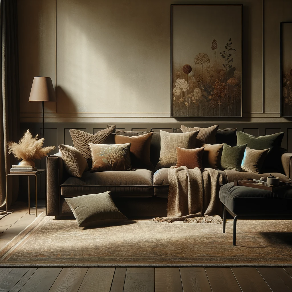 A living room with a sophisticated and natural ambiance, featuring a dark brown couch, throw pillows in various earthy tones, and an area rug. The dark brown couch provides a rich, grounding element in the room, complementing the earthy tones of the throw pillows in shades of beige, olive green, and rust. The area rug, with a subtle pattern and natural colors, ties the room together, enhancing the overall earthy and warm theme. The room is illuminated with soft, natural light, creating a cozy and inviting atmosphere, perfect for relaxation.