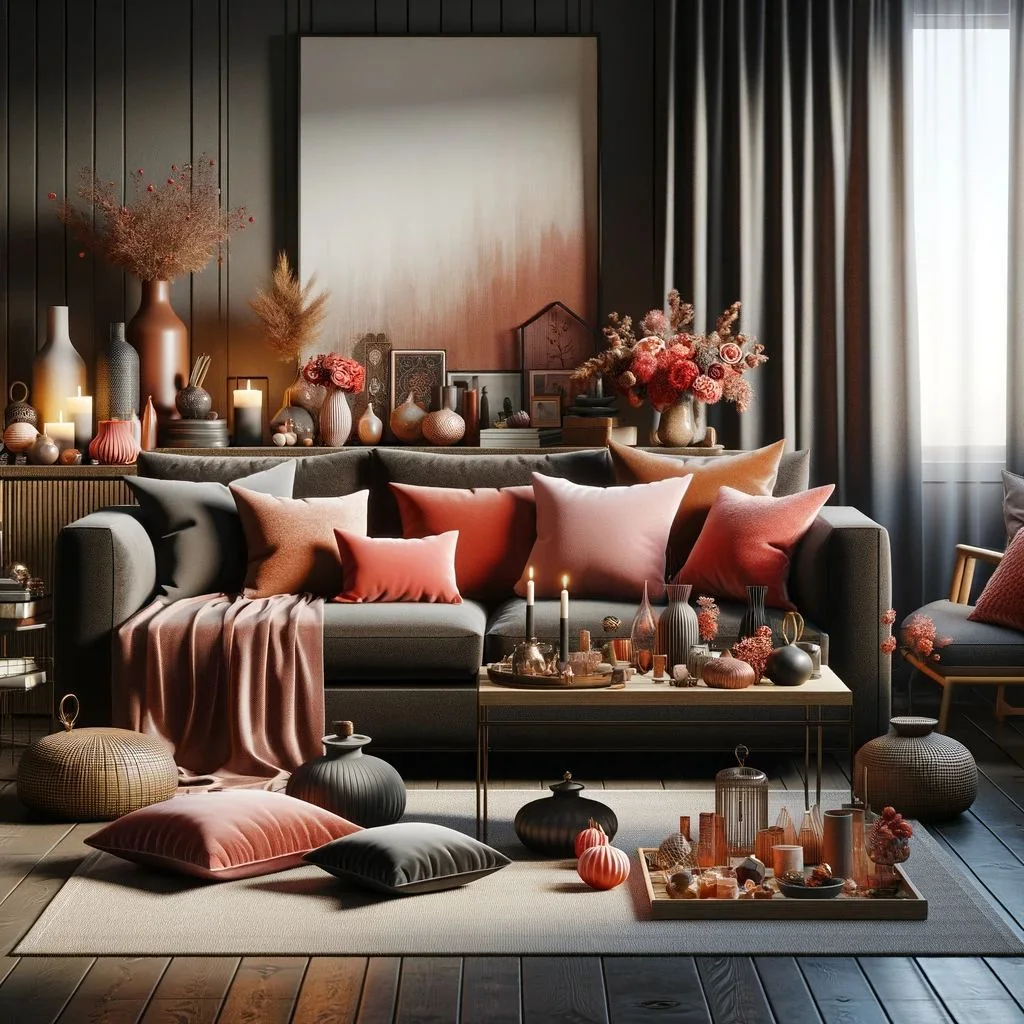 A beautifully decorated living room featuring a dark brown couch with coral pillows and smaller decorative items scattered across the room. The couch, in a deep dark brown, serves as a stylish and comfortable focal point. The coral pillows on the couch add a pop of vibrant color and a touch of elegance. Around the room, various smaller decorative items, such as vases, picture frames, and trinkets, are thoughtfully placed, enhancing the overall aesthetic. These items complement the color scheme of dark brown and coral, creating a harmonious and inviting space. The room is illuminated with soft, warm lighting, highlighting the cozy and well-curated ambiance.
