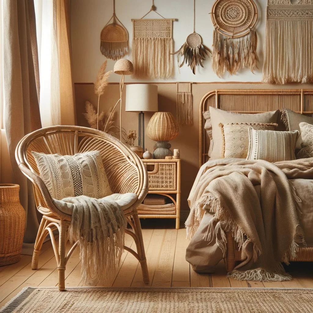 A bohemian bedroom featuring rattan furniture to enhance its natural and earthy feel.