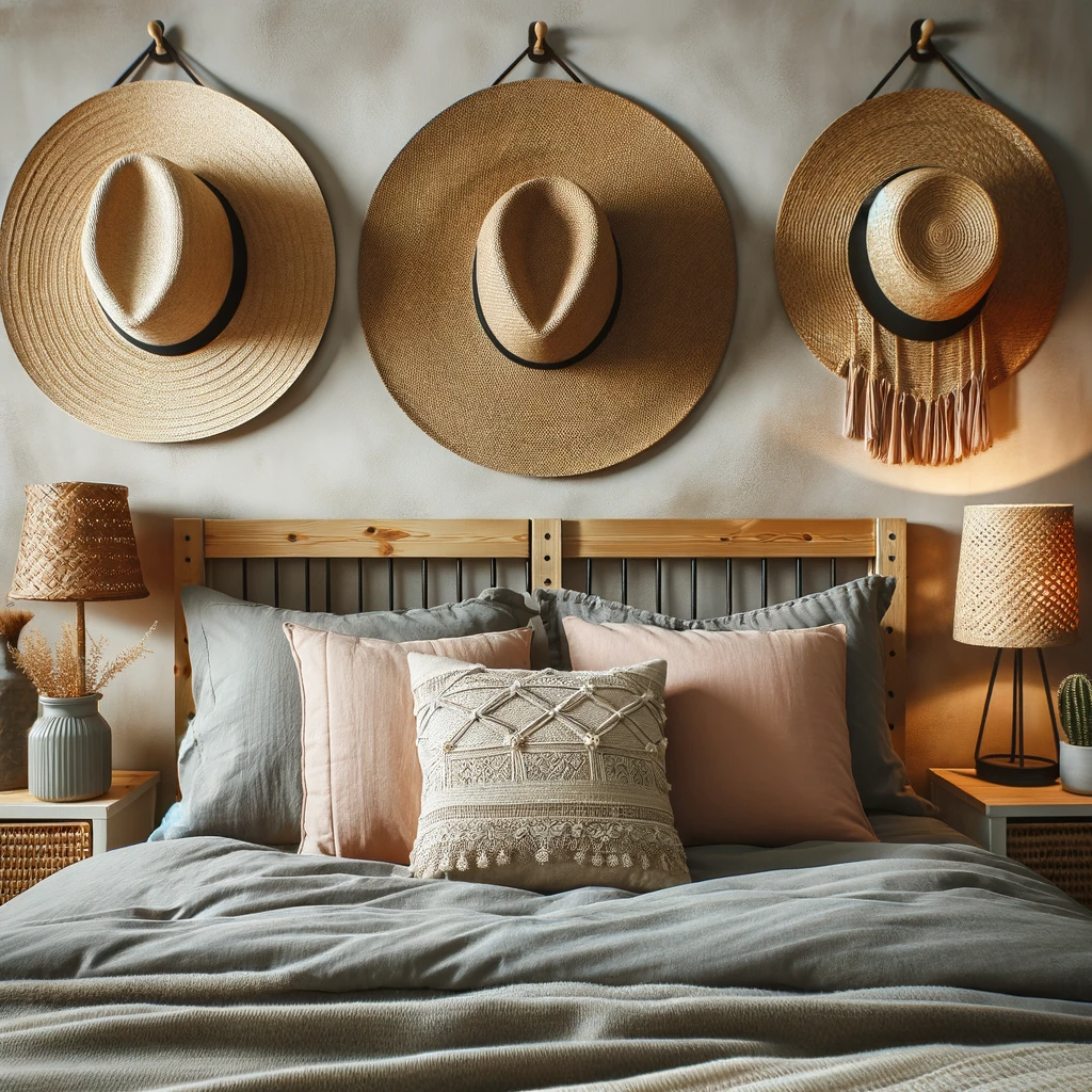 A boho bedroom with a display of three or four hats mounted on the wall.