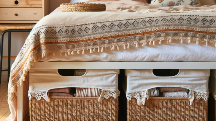A boho-style bedroom efficiently using under-bed storage baskets to maximize space.