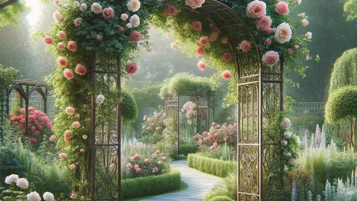 A charming garden arbor idea, integrating seamlessly with the landscape. It features an archway adorned with climbing roses and lush greenery, creating a romantic passage within the garden.