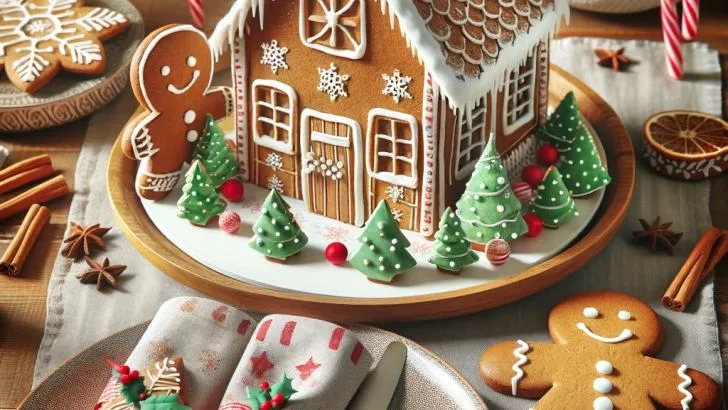 A festive Christmas table decoration with a 'Gingerbread House Party' theme.