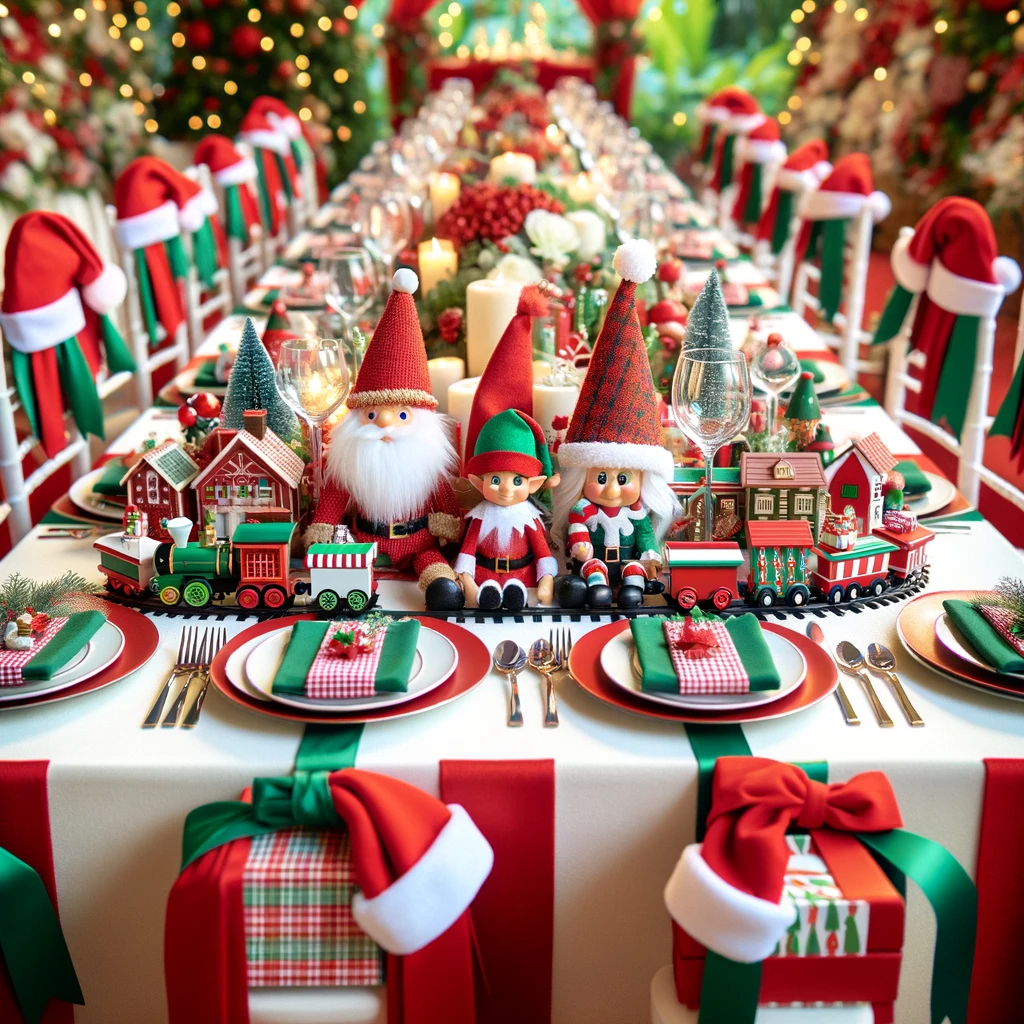 A fun and festive Christmas table decoration with a 'Santa's Workshop' theme