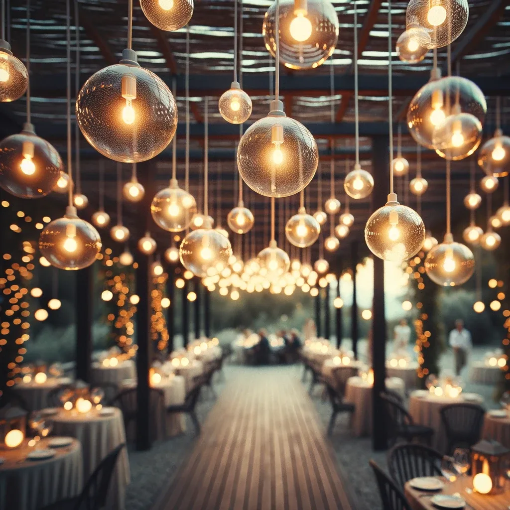 A pergola with romantic hanging globe lights suspended from its structure, creating a dreamy and enchanting atmosphere.
