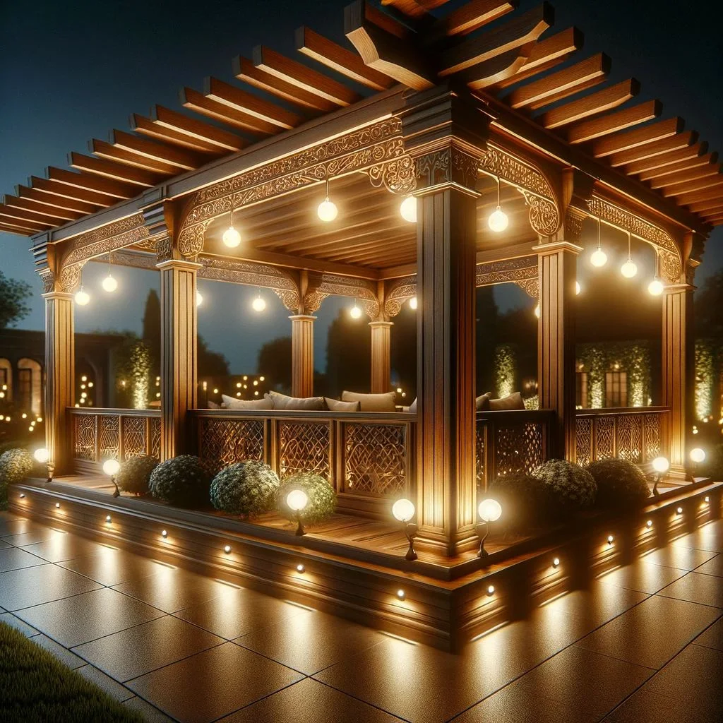 A sophisticated evening scene showcasing a wooden pergola with elegant lighting.