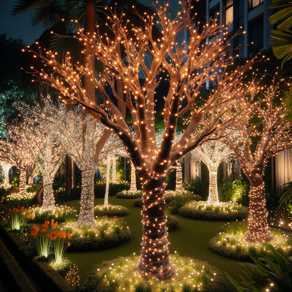 The trunks and branches of the garden trees are wrapped with warm white fairy lights. The lights create a serene and magical atmosphere, especially against the backdrop of the night sky.