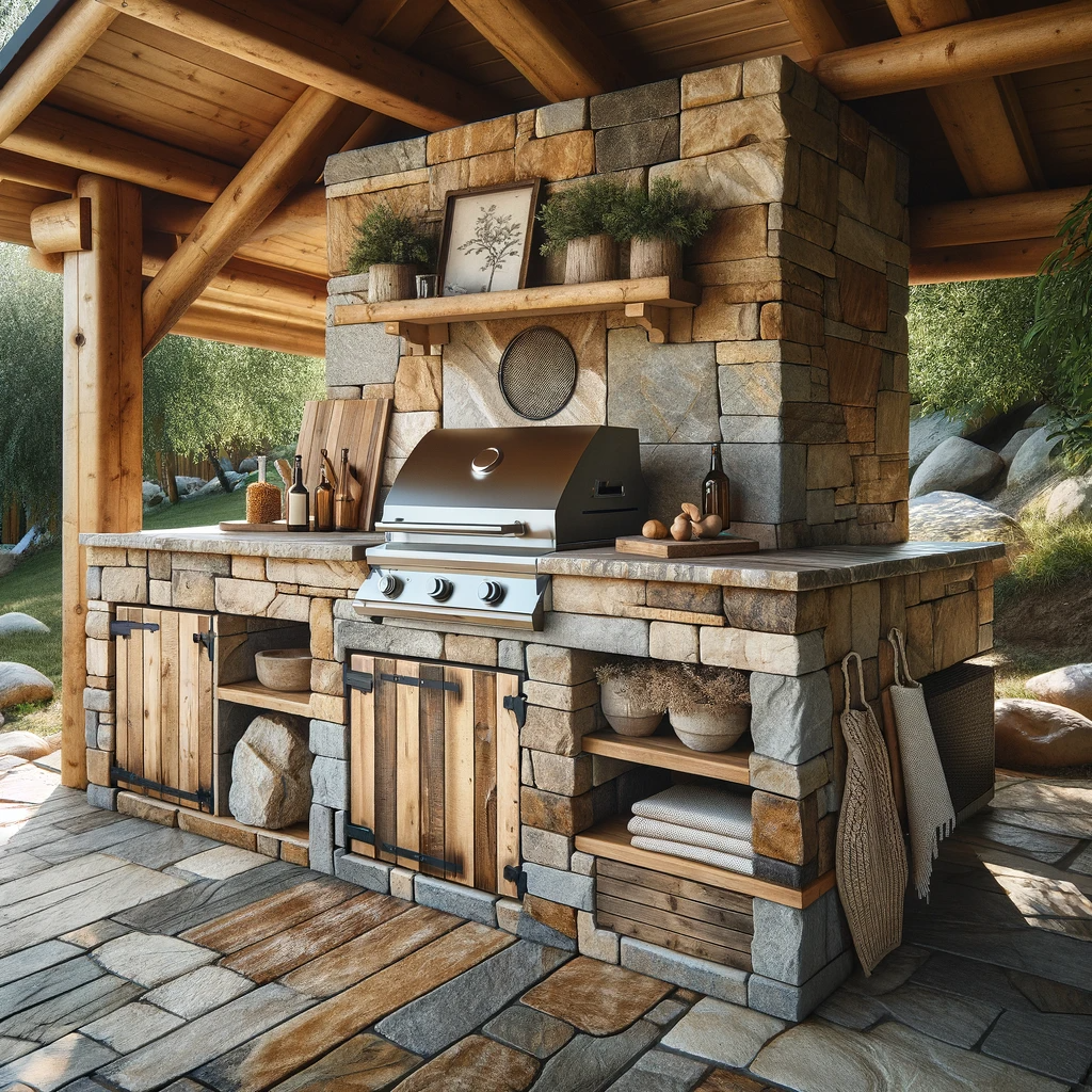 Outdoor Kitchen with Rustic Stone Grill Station with Roof