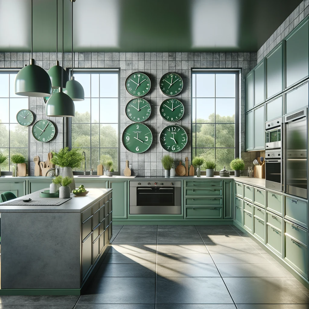 Photo of a contemporary kitchen with green cabinets and drawers, grey porcelain tile flooring, and stainless steel appliances. There are multiple green wall clocks displaying various time zones. Large windows with green frames allow for ample sunlight, complemented by sleek, green pendant lights over a kitchen island.