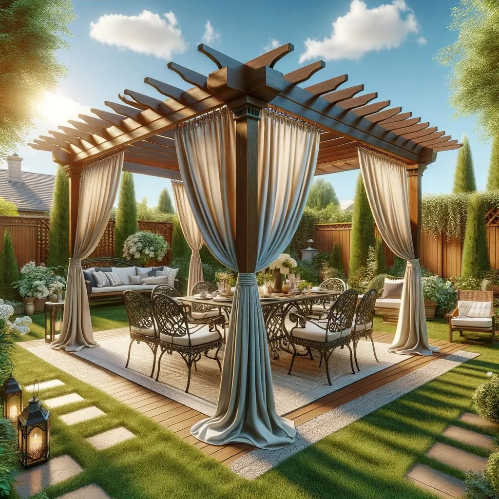 backyard featuring a pergola decorated with drapes