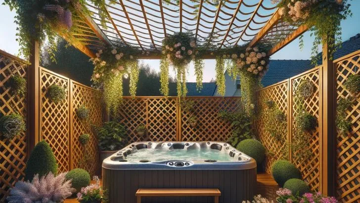 backyard hot tub setting surrounded by lattice screens
