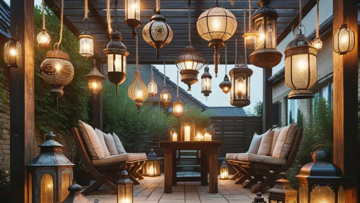 Backyard pergola decorated with vintage style lanterns