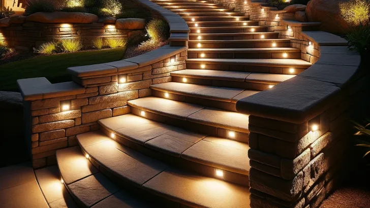 backyard scene at night, showcasing a stone staircase enhanced with built-in step lights
