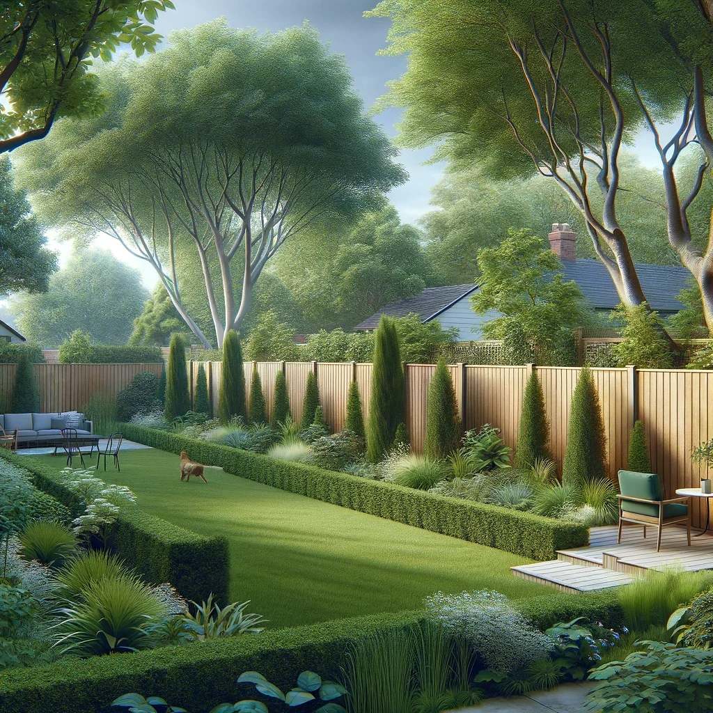 backyard with a low fence and taller trees and shrubs planted along the fenceline for privacy