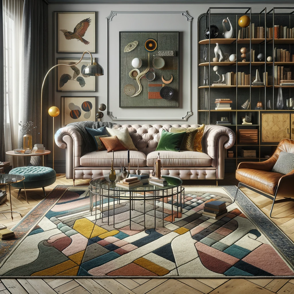 eclectic living room combining a mid-century rug with a mix of furniture styles from various eras