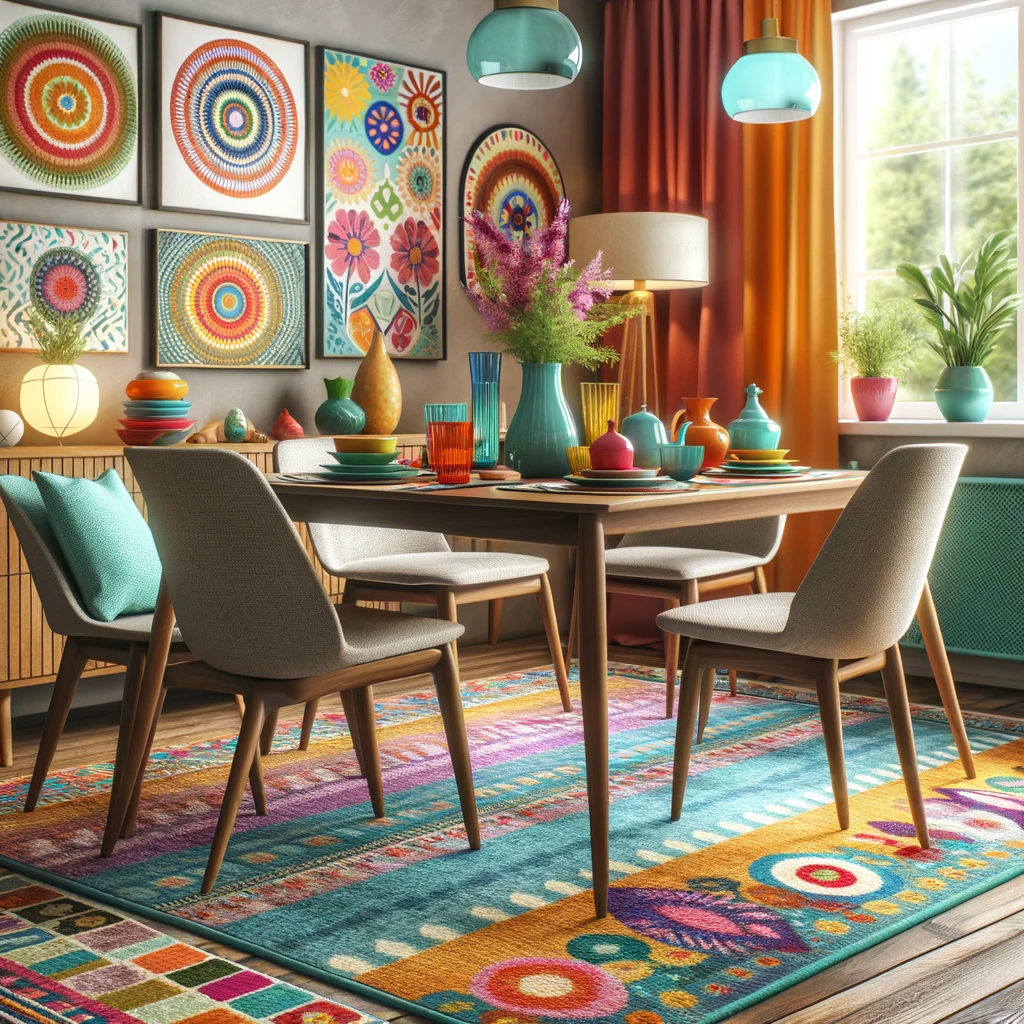 lively dining room featuring a brightly colored mid-century rug