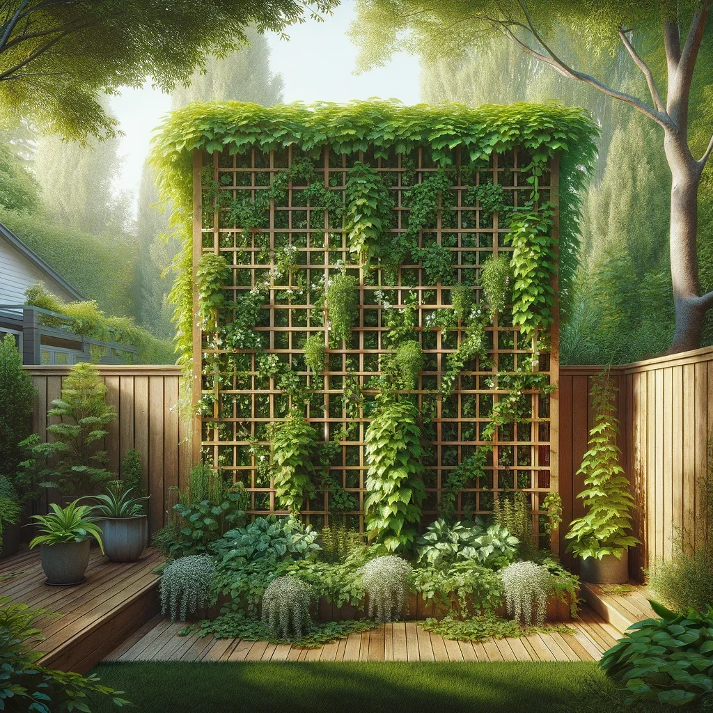 medium-sized backyard with a trellis covered in climbing vines