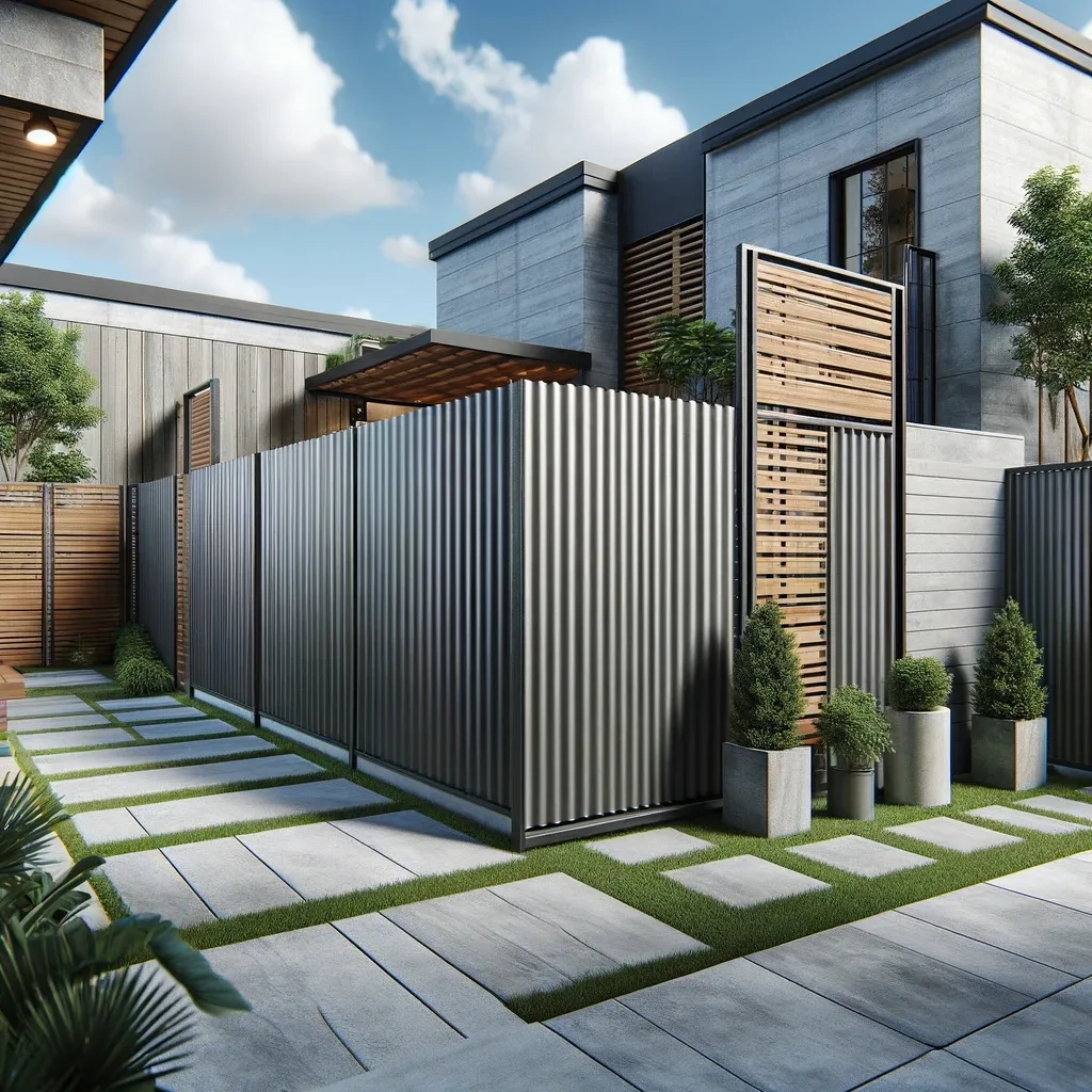 modern backyard featuring a corrugated metal fence