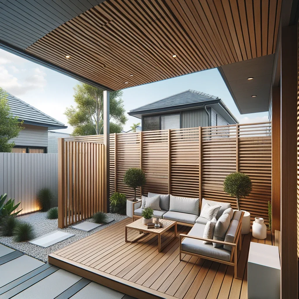 residential backyard featuring slatted wood panels