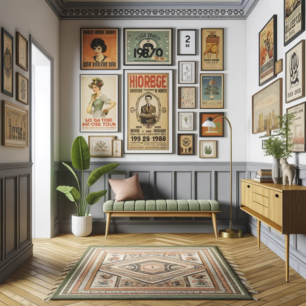 vintage gallery wall hallway featuring a mid-century rug